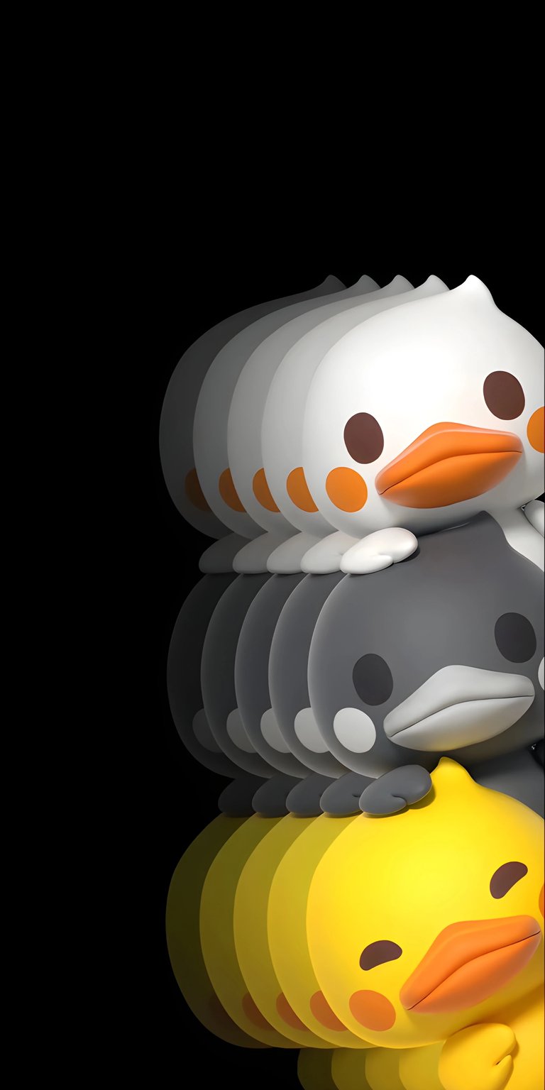 Download this adorable Miffy 4K wallpaper for your iPhone, showcasing a stack of stylized ducks in white, gray, and yellow. This charming wallpaper features delightful details like the cute brown eyes and orange cheeks.