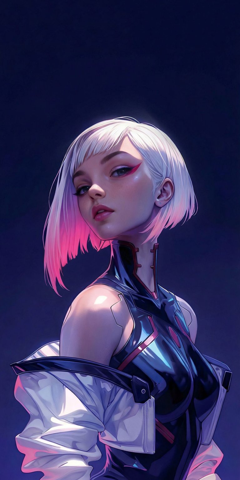 Download this stylish cyberpunk girl 4K wallpaper for your iPhone, featuring a unique character with short pink-tipped hair, red eyeliner, and a shiny black suit. This wallpaper is sure to give your phone a sleek, futuristic aesthetic.