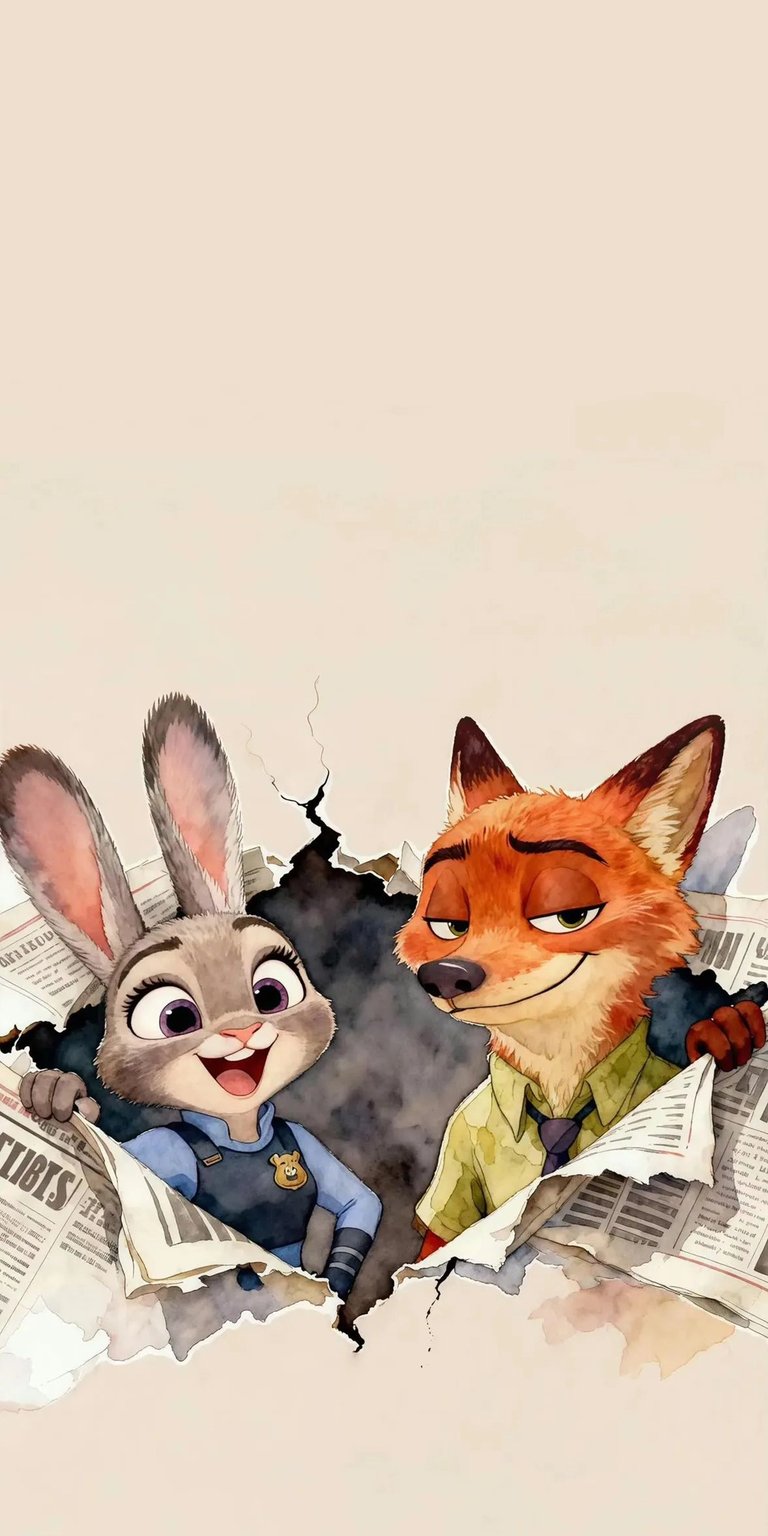 Download this delightful Zootopia 4K wallpaper for your iPhone featuring Judy Hopps and Nick Wilde breaking through a wall of newspaper. This fantastic wallpaper captures Judy in her police uniform and Nick with a sly smirk, perfect for any fan!
