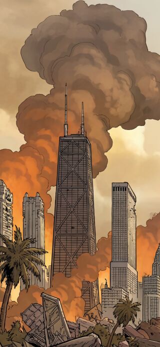 Download this incredible Invincible wallpaper in 4K resolution to refresh your iPhone. This stunning wallpaper shows the aftermath of a battle with a tall building amidst plumes of smoke and Invincible himself, arms crossed.