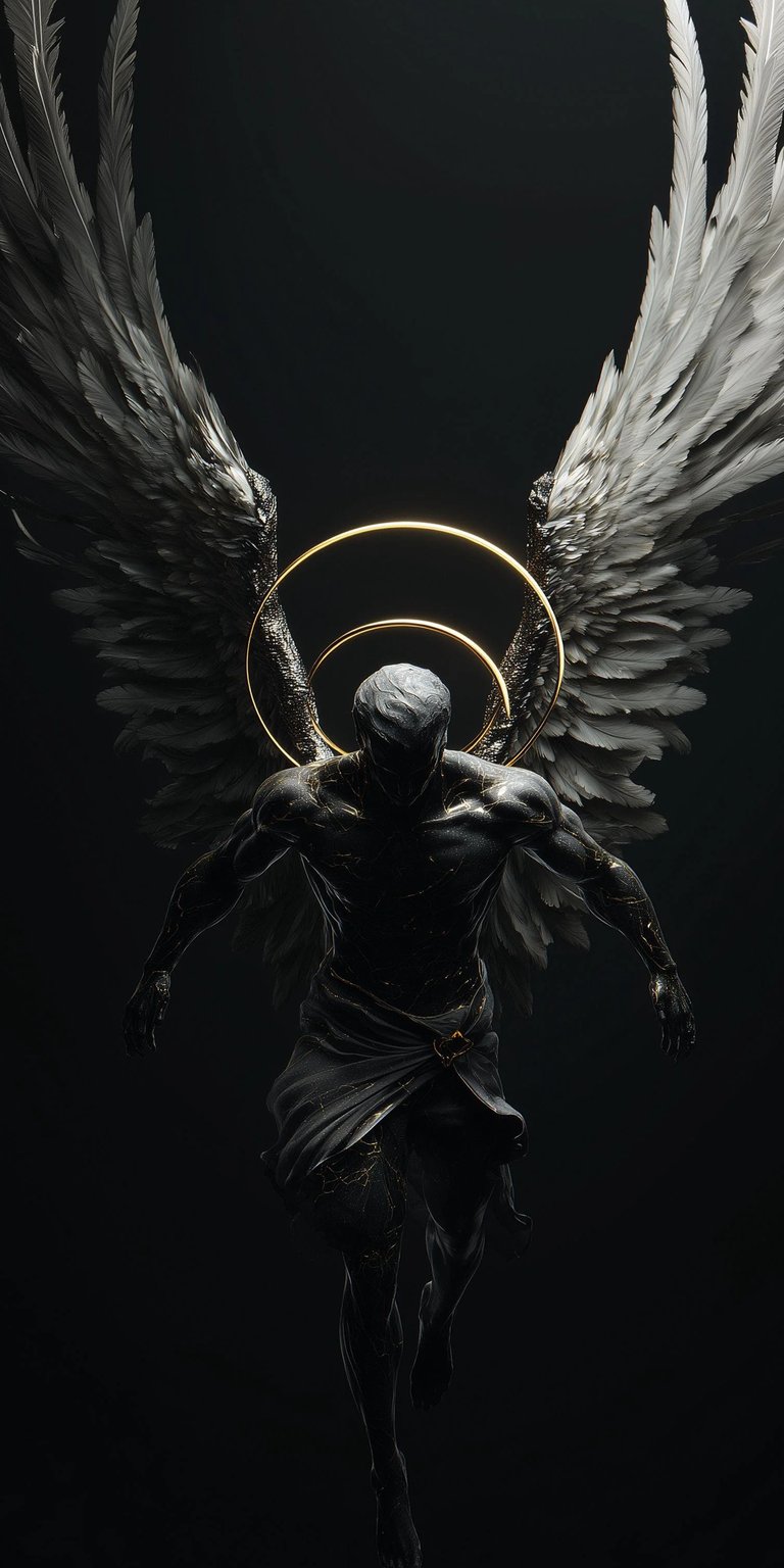 Dramatic Dark Angel wallpaper featuring a muscular winged figure and golden halos. This high-detail fantasy wallpaper creates an intense look for your iPhone.