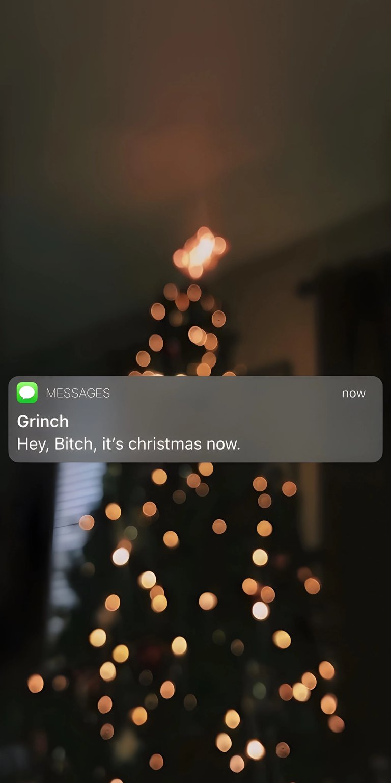 Enjoy this Grinch 4K wallpaper for your iPhone, featuring a hilarious message overlayed onto a softly-lit, festive Christmas tree with bokeh lights. This unique wallpaper captures the playful spirit of the season.