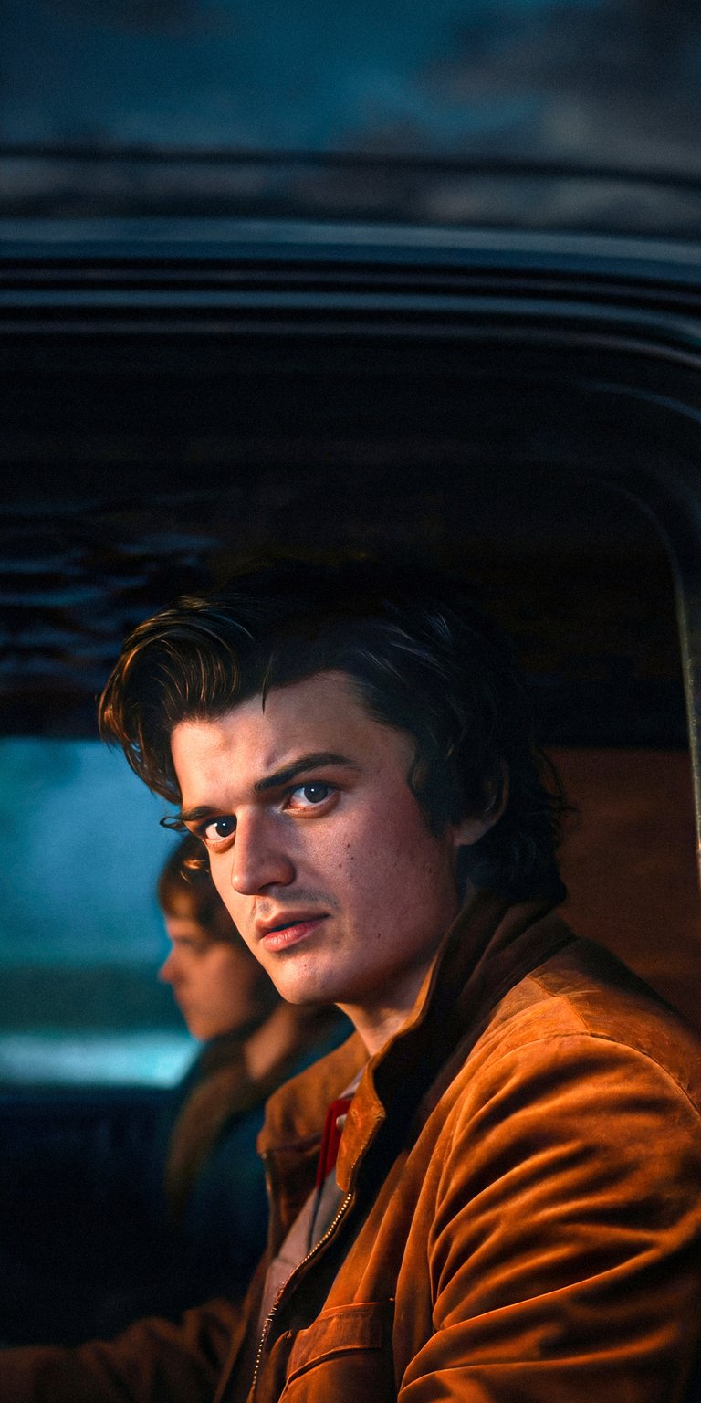 Download this incredible Steve Harrington wallpaper in 4K for your iPhone! The wallpaper shows Steve in a brown jacket, with a concerned look on his face, and a partial view of a backseat passenger.