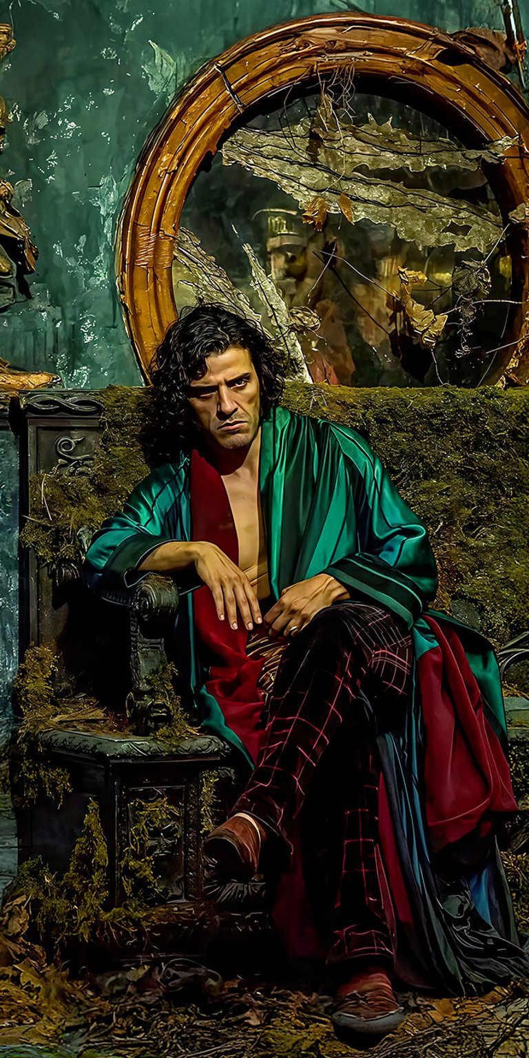 A moody, gothic-themed wallpaper featuring actor Oscar Isaac in a green silk robe as Victor Frankenstein from the 2025 Guillermo del Toro film. This dramatic image is perfect for fans of period dramas, classic literature, and dark, aesthetic home screens. Ideal for iPhone, Android, and high-contrast AMOLED displays.