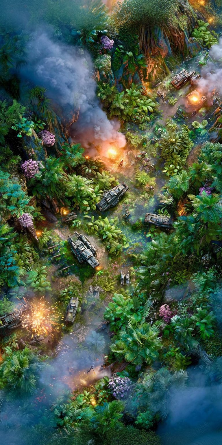 Download this stunning jungle tanks 4K wallpaper for your iPhone! This captivating wallpaper features smoking tanks amidst vibrant green foliage, with explosions and delicate purple flowers adding dramatic visual details.