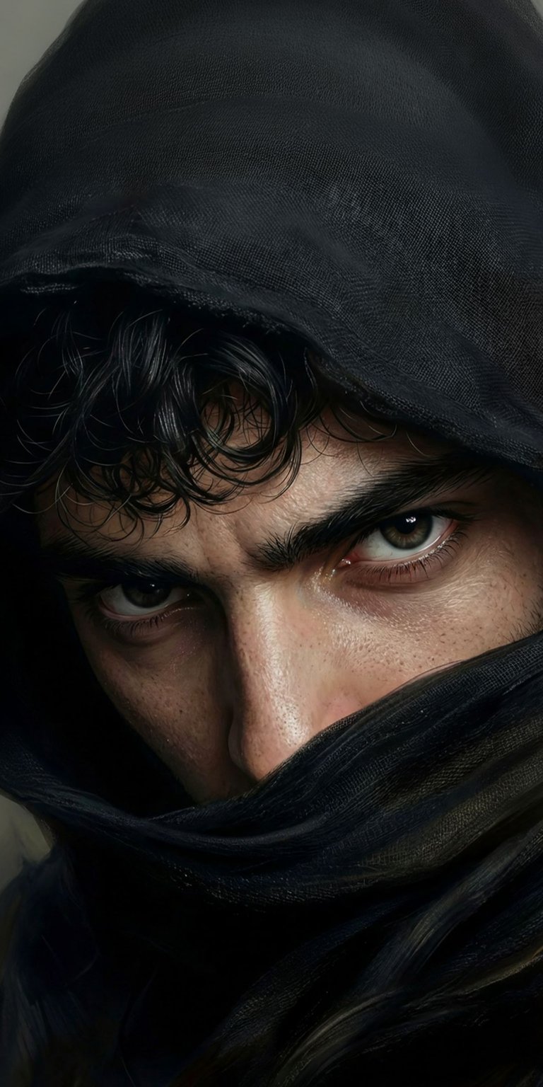 Download this intense Kaz Brekker 4K wallpaper for your iPhone, showcasing his piercing stare and the dark fabric concealing his face. The intricate details of his dark curly hair and sharp features make this a stunning wallpaper choice.