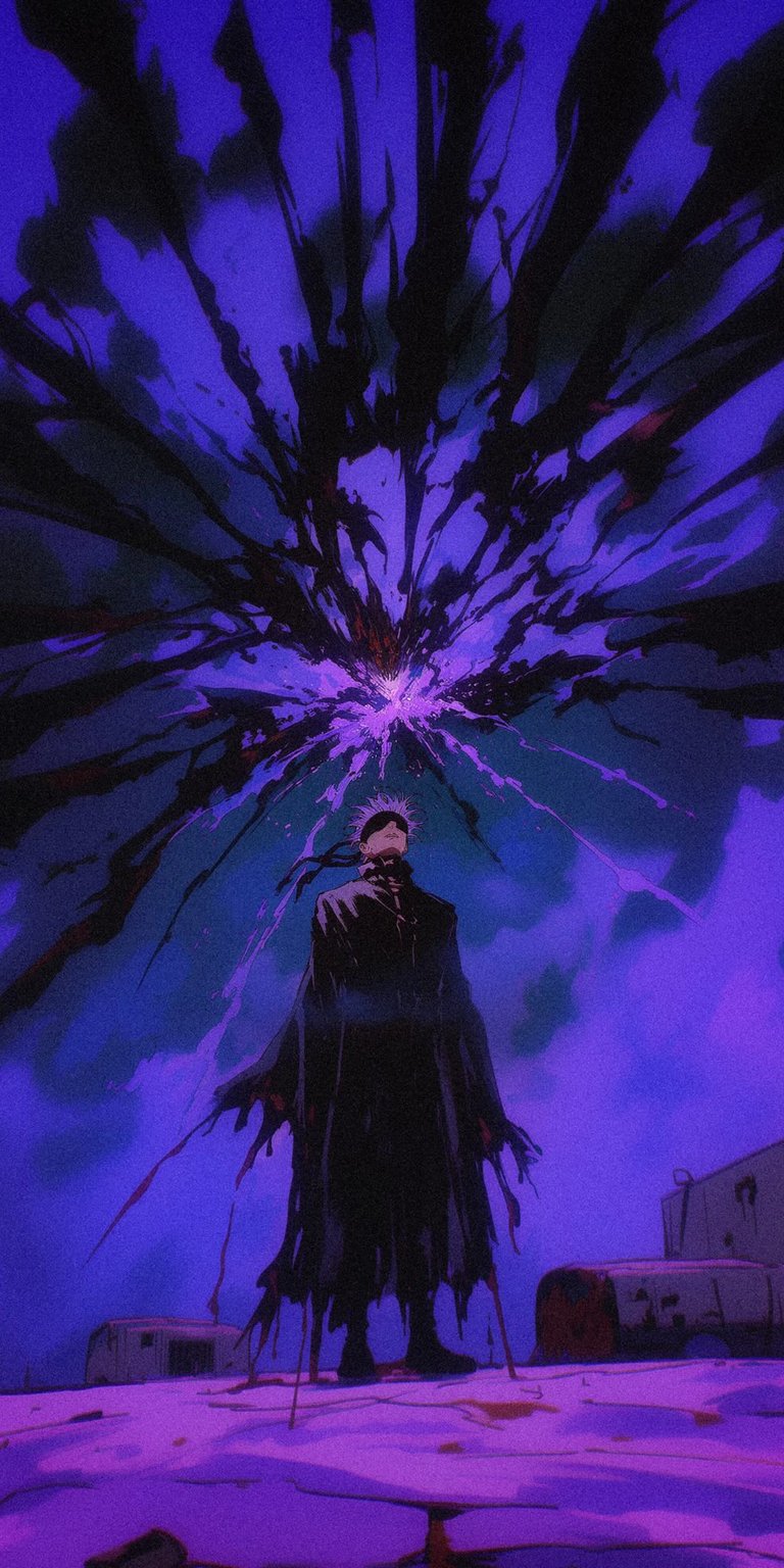 Download this Gojo Satoru 4K wallpaper for your iPhone to showcase a captivating image of the character with black tendrils overhead. This stunning wallpaper features a desolate landscape under a dark purple sky, ideal for any fan.