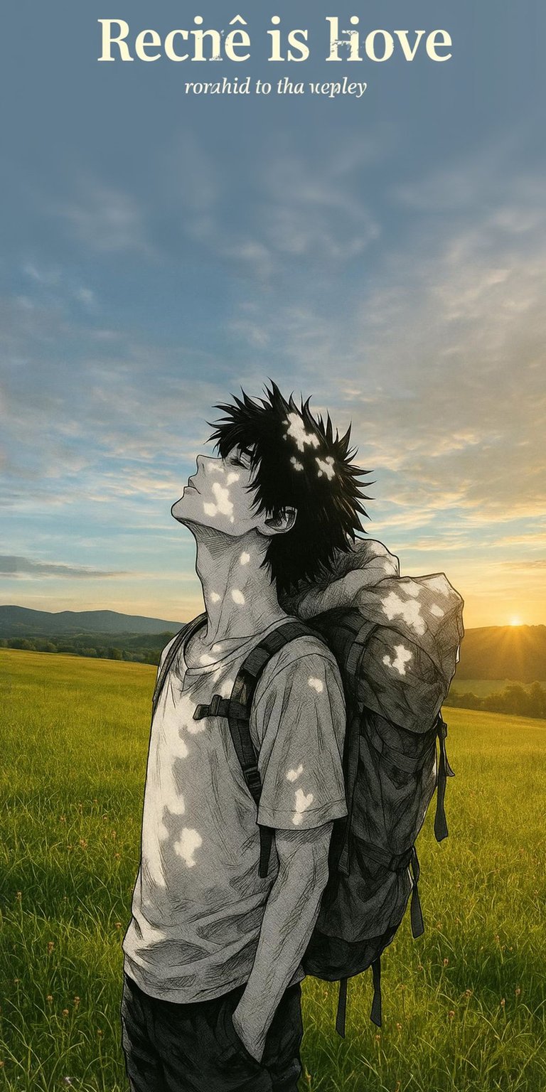 Download this stunning Recne wallpaper in 4K resolution for your iPhone, showcasing a serene field at sunset. Note the white flower-shaped splotches on his body and the dark camping backpack.