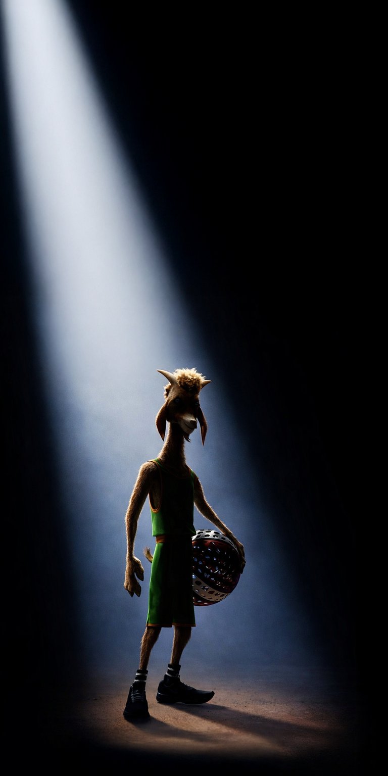Basketball Goat 4K wallpaper featuring a tall animated goat in a green jersey standing under dramatic spotlight with a textured basketball. This aesthetic wallpaper combines cinematic lighting and deep shadows, making it perfect for iPhone lock screen or home screen wallpaper.