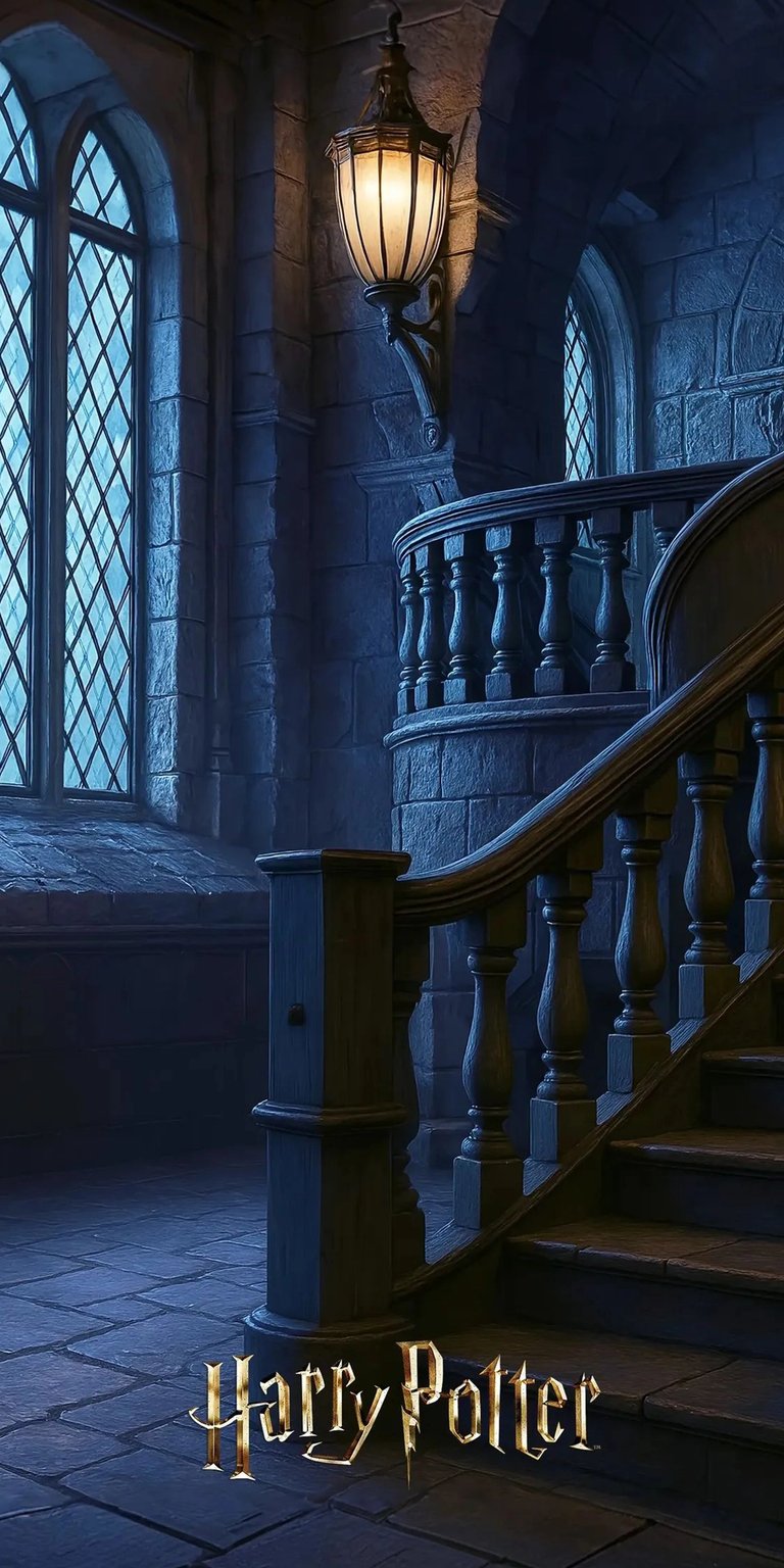 Download this Harry Potter 4K wallpaper for your iPhone, showcasing a grand staircase with stone walls and diamond-paned windows. This wallpaper captures the magical atmosphere with its ornate lamp and cool blue tones.