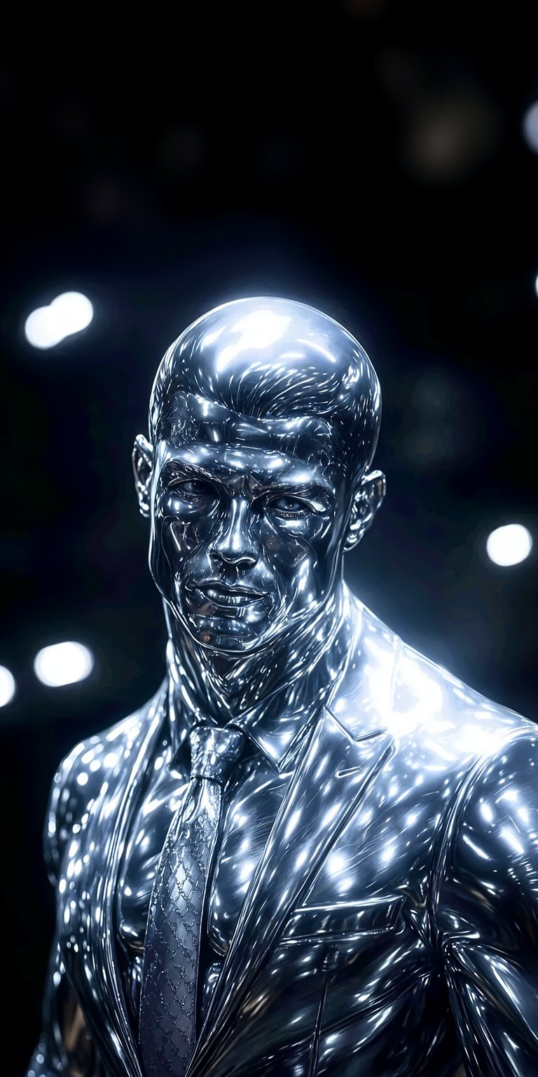 Download this striking Cristiano Ronaldo wallpaper in 4K for your iPhone, showcasing a metallic statue. The polished suit and patterned tie add a sophisticated touch.