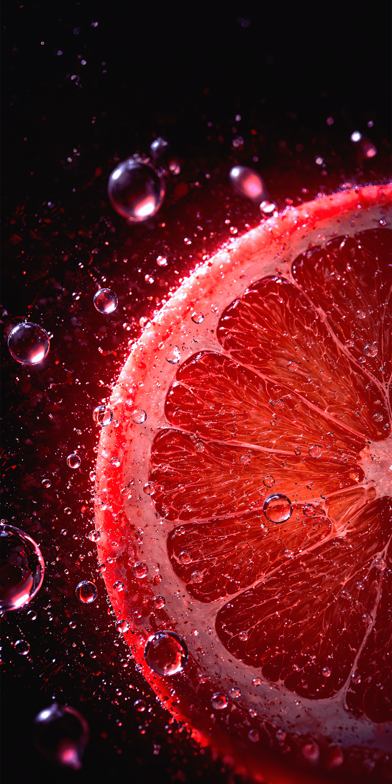 Get this vibrant orange slice 4K wallpaper for your iPhone! The wallpaper showcases a close-up of a fruit slice, surrounded by water droplets, against a deep black backdrop.