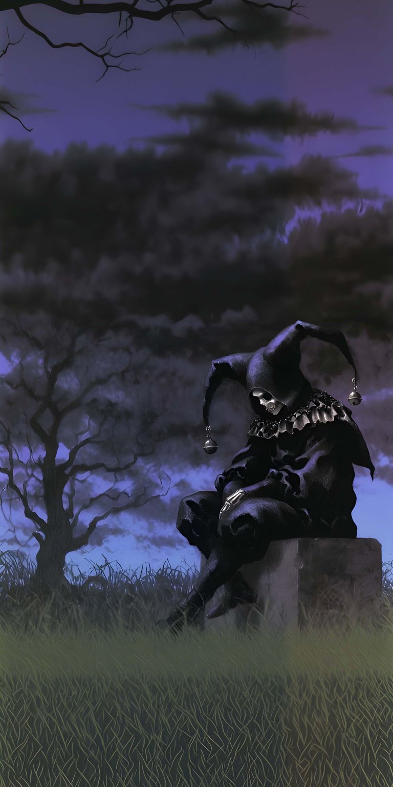 Download this eerie Jester 4K wallpaper for your iPhone, featuring a cloaked figure with bell adornments. The somber scene is set against a backdrop of ominous clouds and a bare tree.