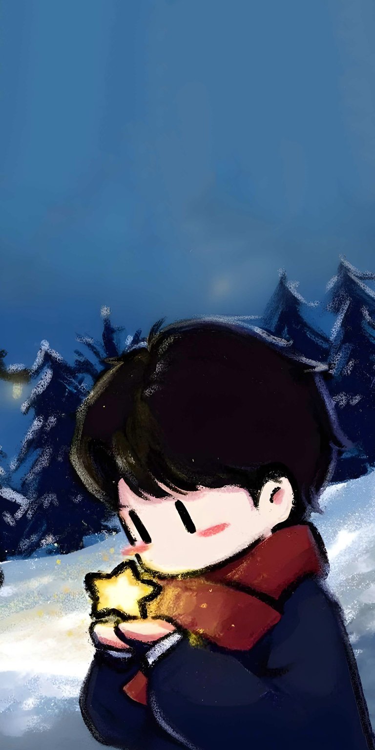 Download this enchanting boy with star 4K wallpaper for your iPhone, showcasing an adorable figure amidst snow-covered pine trees. This wallpaper features a glowing star and a cozy red scarf, perfect for your mobile device.