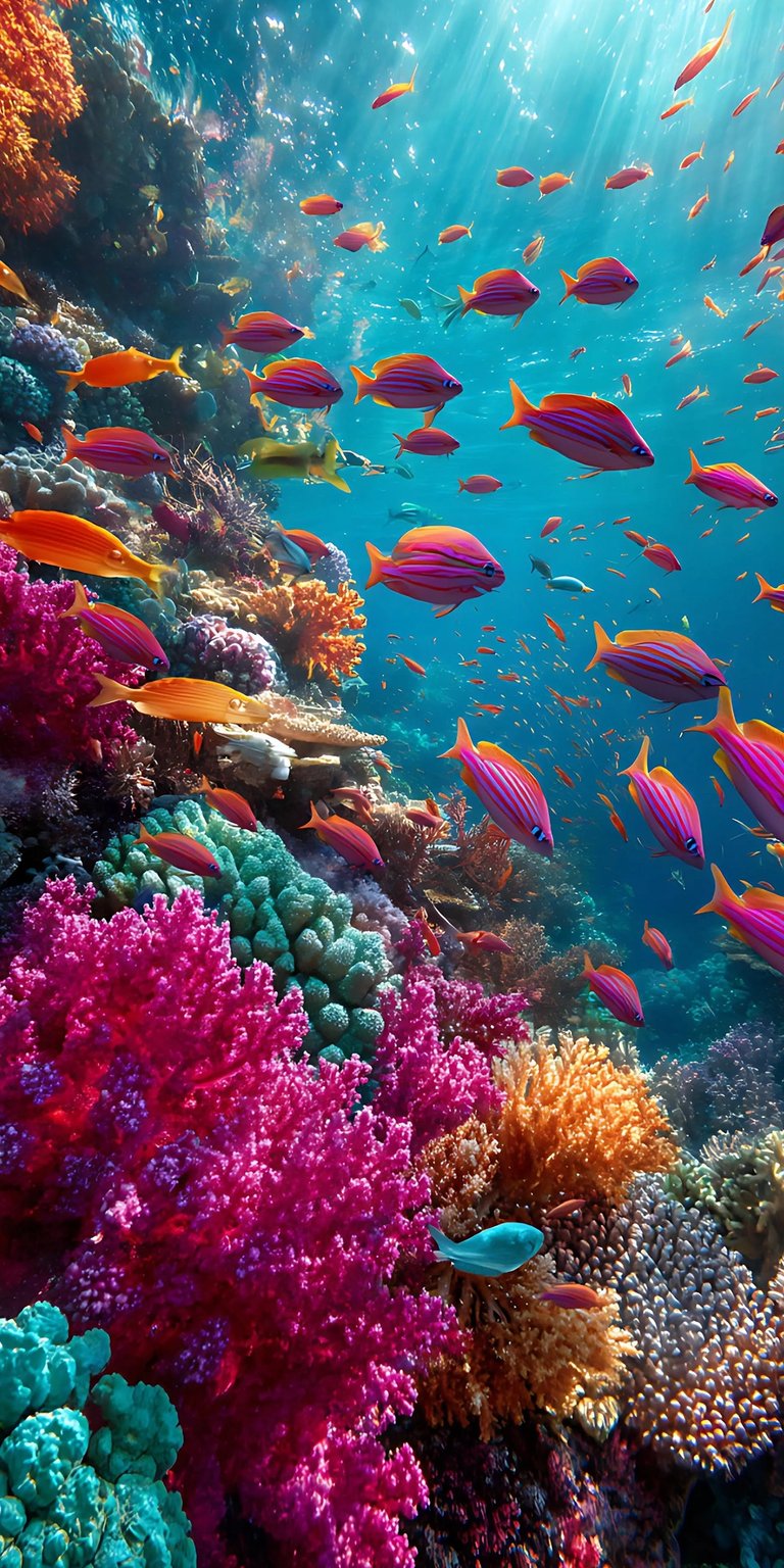 This vibrant coral reef 4K wallpaper is perfect for your iPhone, showcasing schools of pink-striped fish swimming amongst the colorful coral. The turquoise blue water and bright orange coral create a stunning underwater landscape for your device.