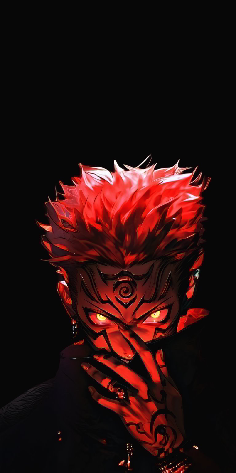Download this captivating Sukuna wallpaper in stunning 4K for your iPhone, showcasing fiery red hair and glowing golden eyes. The detailed black markings and a skull ring add to the dark aesthetic, making this the perfect wallpaper.
