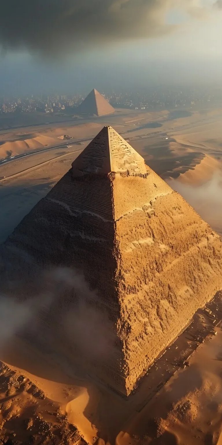 Download this stunning Egyptian Pyramids wallpaper in 4K for your iPhone! The wallpaper features a bird's eye view of the ancient pyramids with low-lying clouds and desert sand dunes.