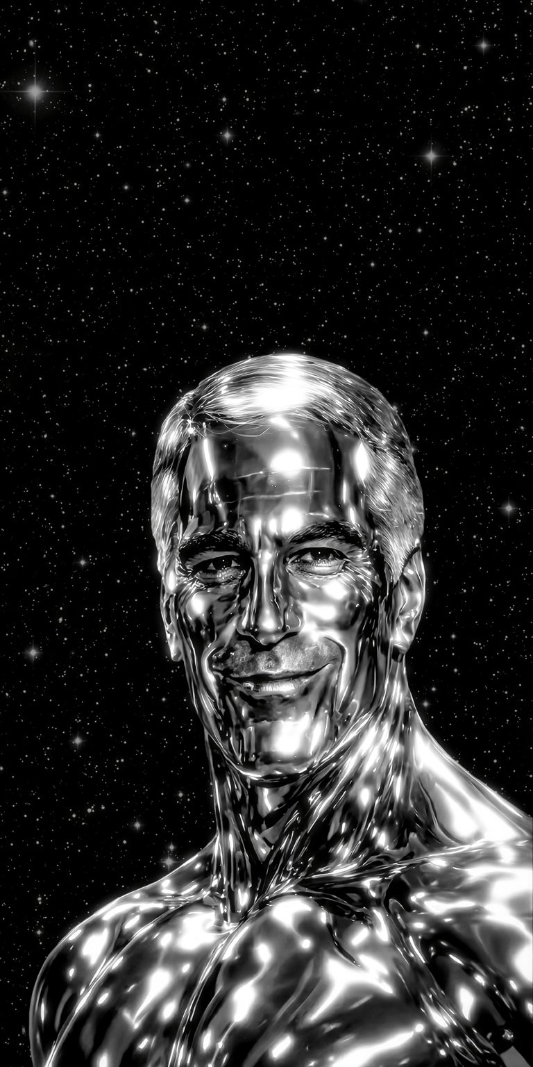 Download this striking Jeffery Epstein x Silver Surfer wallpaper in 4K for your iPhone, showcasing his chrome-like body set against a backdrop of distant stars. The sharp reflections and muscular details make this a must-have wallpaper.