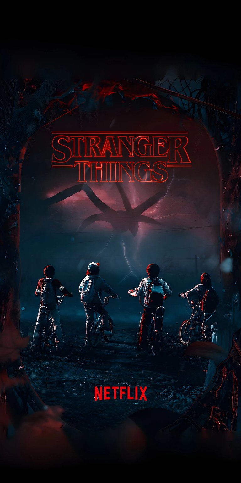 Download this Stranger Things 4K wallpaper for your iPhone! This striking wallpaper features the kids on their bikes and the iconic logo with a monstrous creature lurking above.
