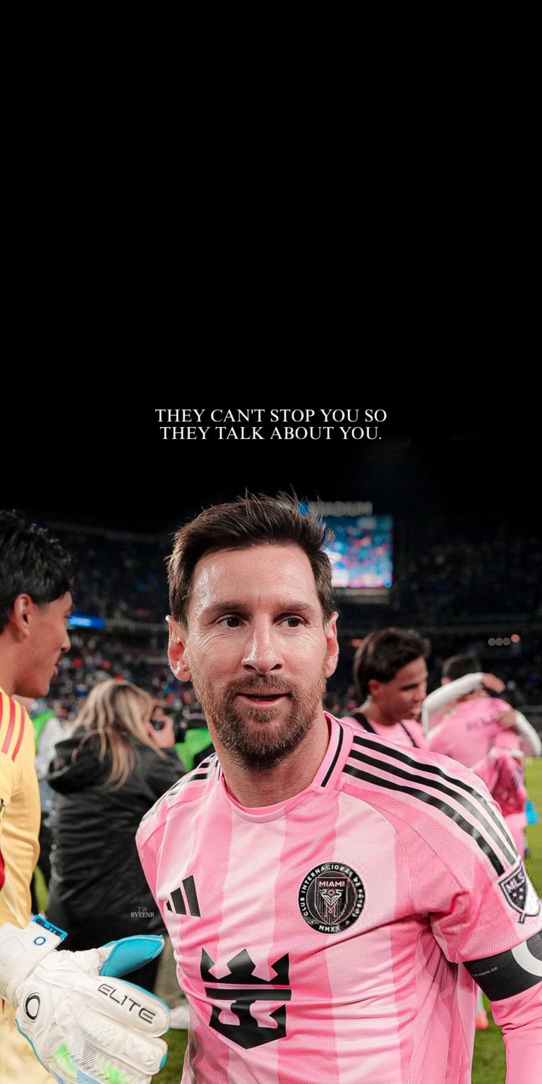 A powerful image of football legend Lionel Messi in his pink Inter Miami jersey, paired with the motivational quote: "They can't stop you so they talk about you". Perfect for soccer fans and inspirational sports themes.