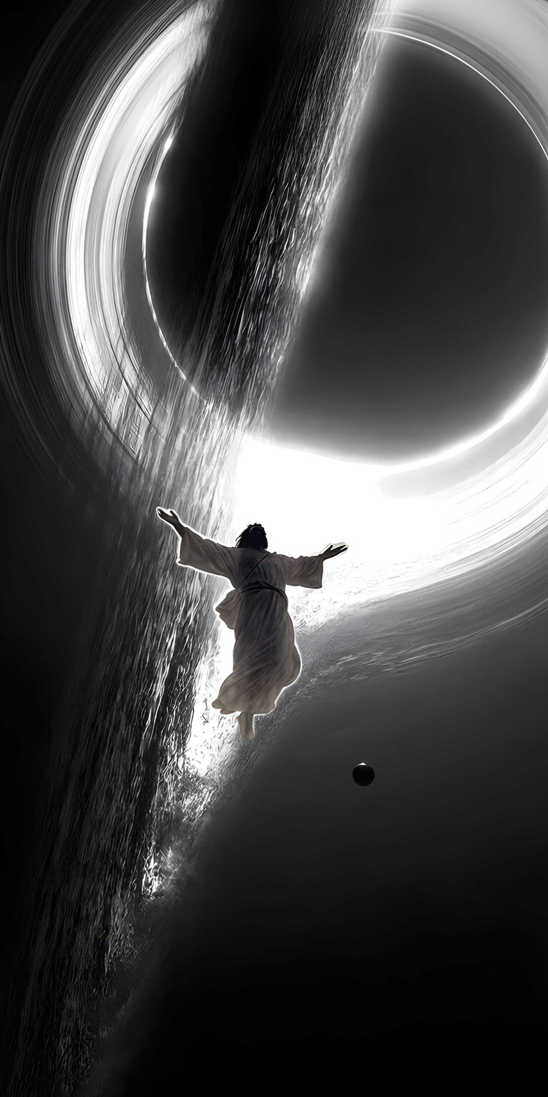 This stunning 4K wallpaper features Jesus Christ with arms outstretched before a luminous ring. Designed for iPhone, the monochromatic image also includes a small planetoid.