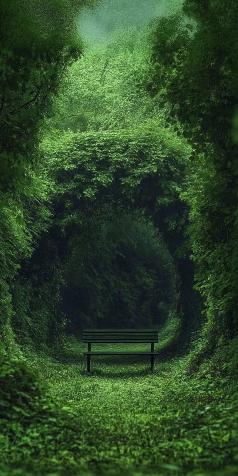 Park bench tunnel of green grass and trees art iPhone wallpaper HD