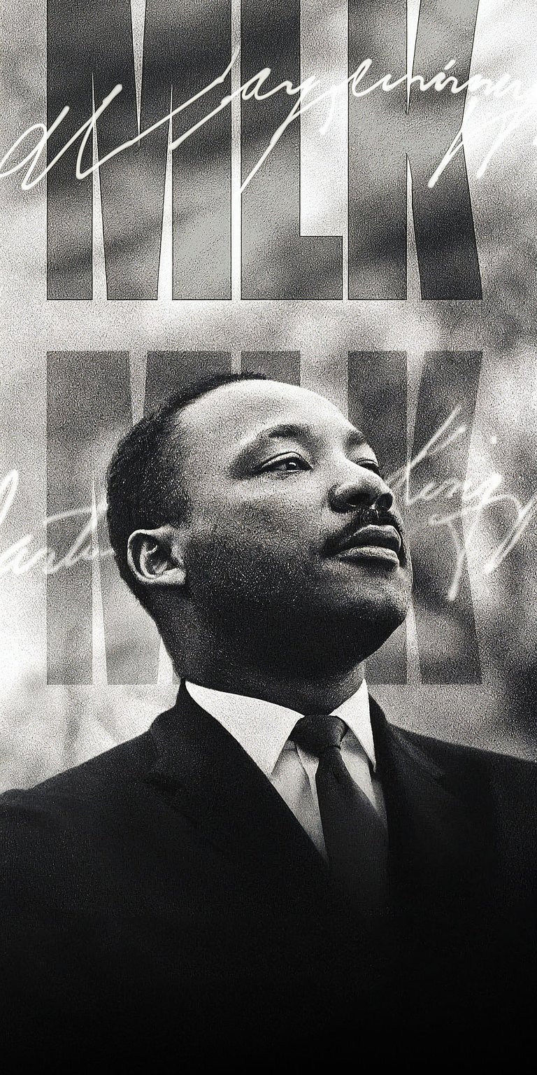 A dignified black and white portrait wallpaper of Martin Luther King Jr. with stylized background text. This aesthetic wallpaper provides a classic and meaningful iPhone aesthetic.