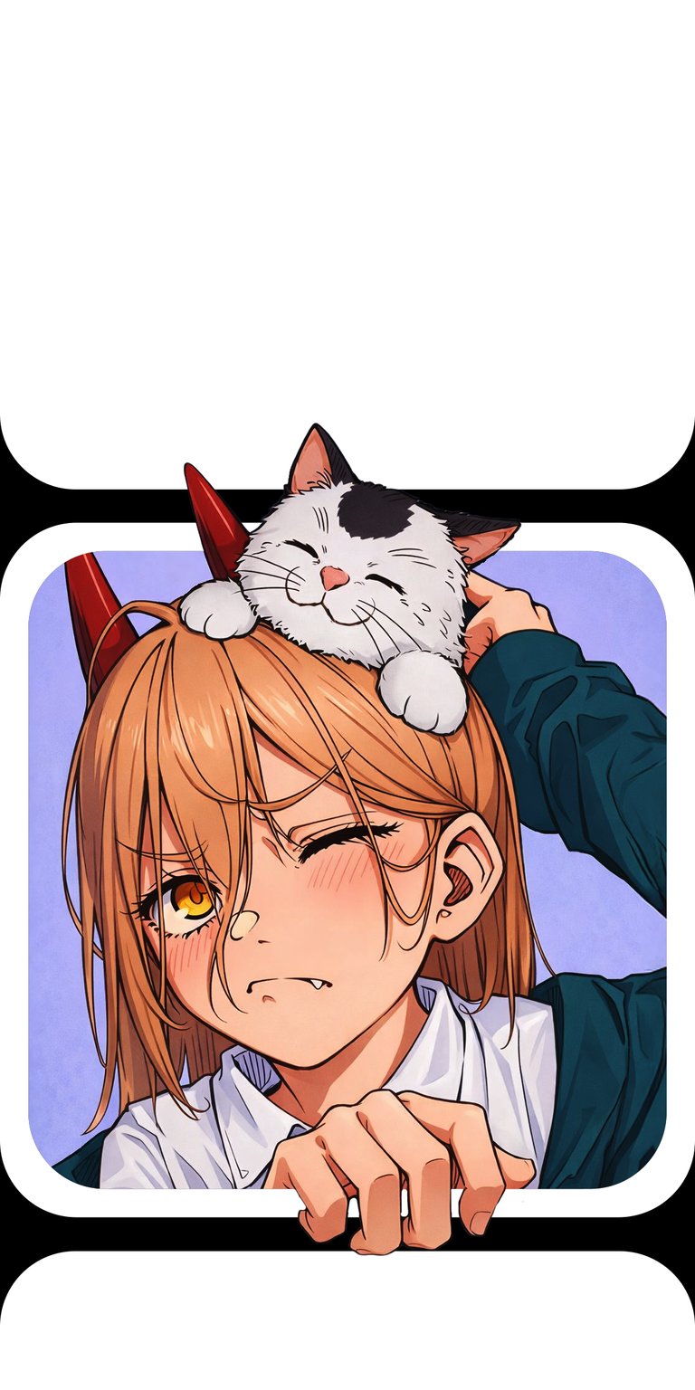 This high-quality Anime 4K wallpaper for iPhone features the character Power and her cat, Meowy, in a charming illustrated style. The aesthetic wallpapers design captures a playful mood with vibrant orange tones and soft purple backgrounds for your mobile device.