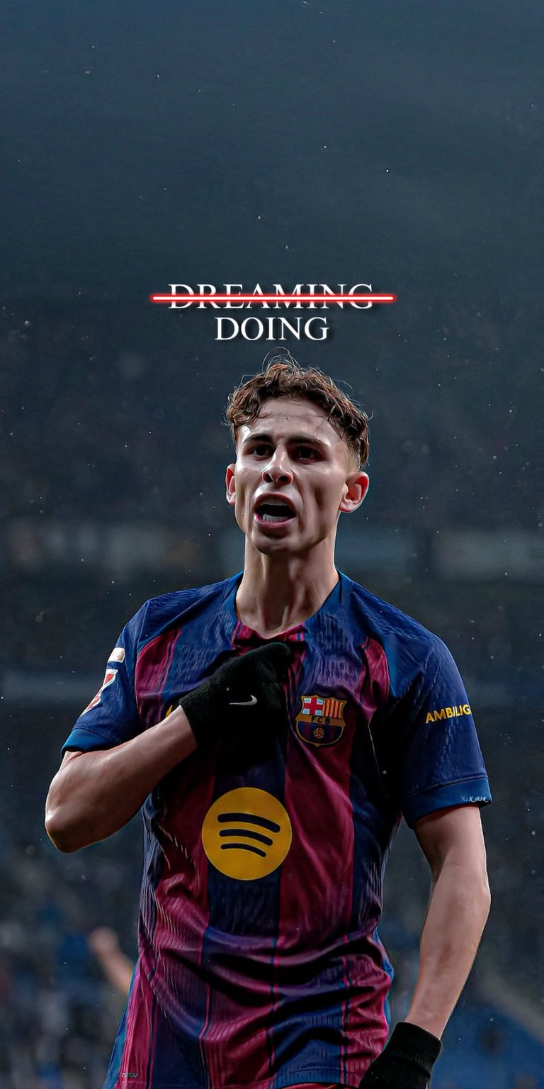 This vibrant 4K wallpaper features the rising star Fermín López. The design uses a "Dreaming/Doing" typography overlay where "Dreaming" is crossed out to emphasize action. Fermín is shown in his Barcelona kit with a determined expression, capturing the energy of the Spanish league’s next generation.