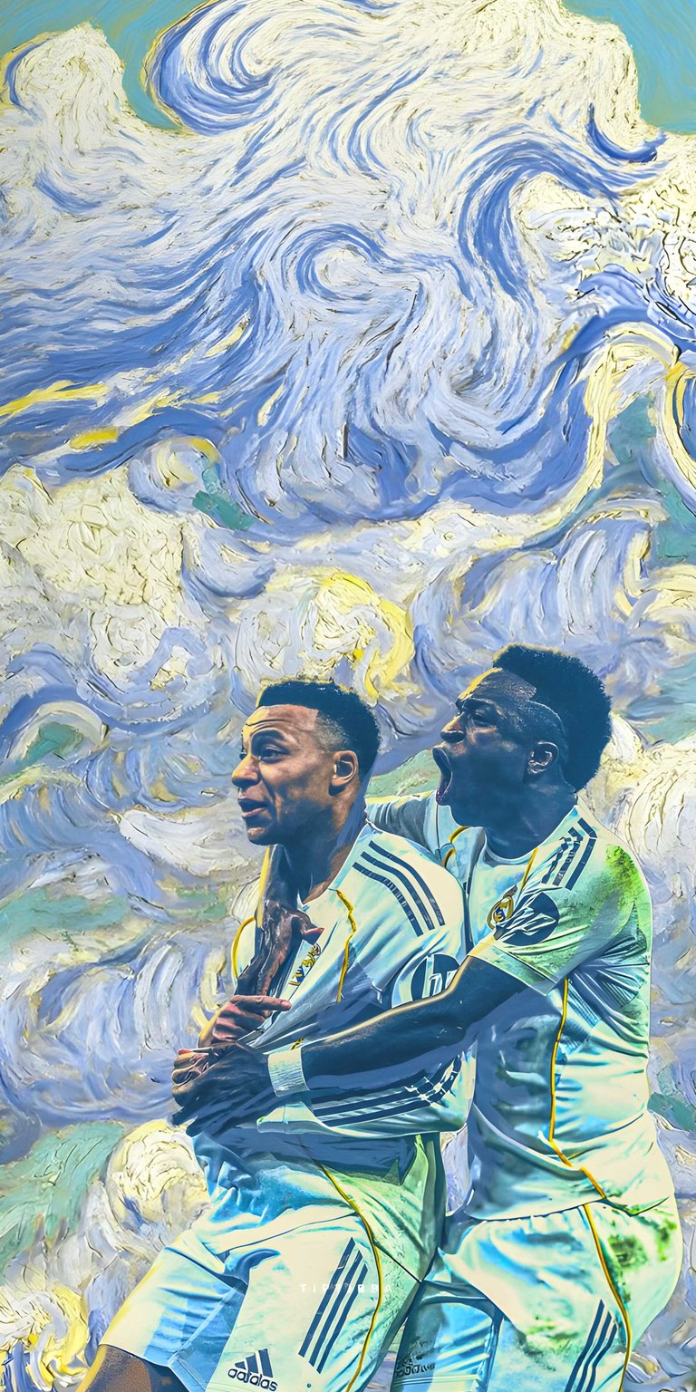 Real Madrid players 4K wallpaper for iPhone set against a swirling painted sky with soft blues and warm highlights. This aesthetic wallpapers style wallpaper delivers artistic depth, expressive brush textures, and an emotional, energetic mood.