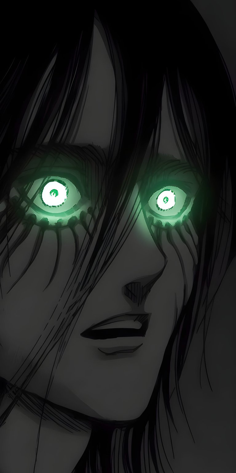 Download this Eren Yeager 4K wallpaper for your iPhone, showcasing his glowing green eyes and dark, shadowed features. This intense wallpaper captures the essence of Eren in stunning detail.