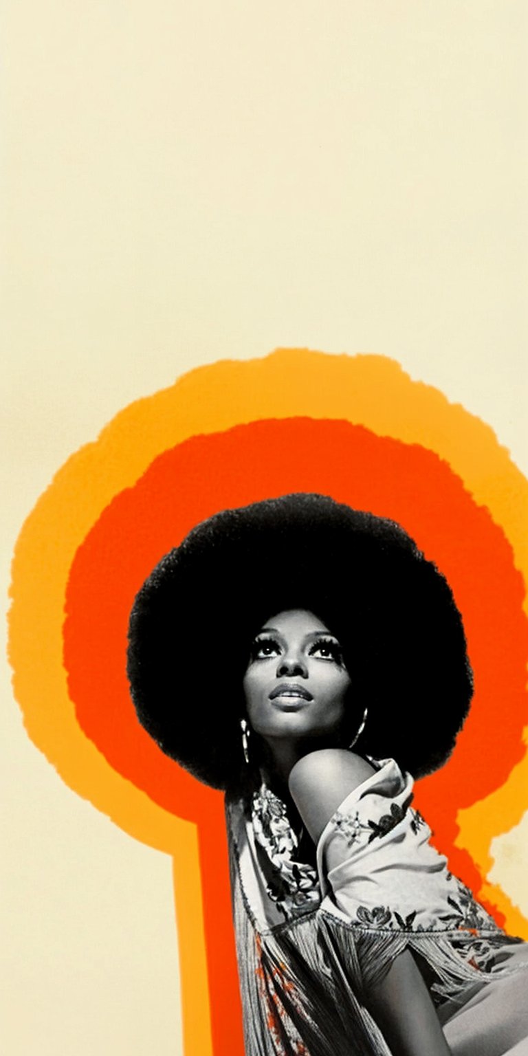 A retro-styled wallpaper featuring Diana Ross against a vibrant orange and yellow backdrop. A stylish Aesthetic wallpaper perfect for an iPhone home screen.