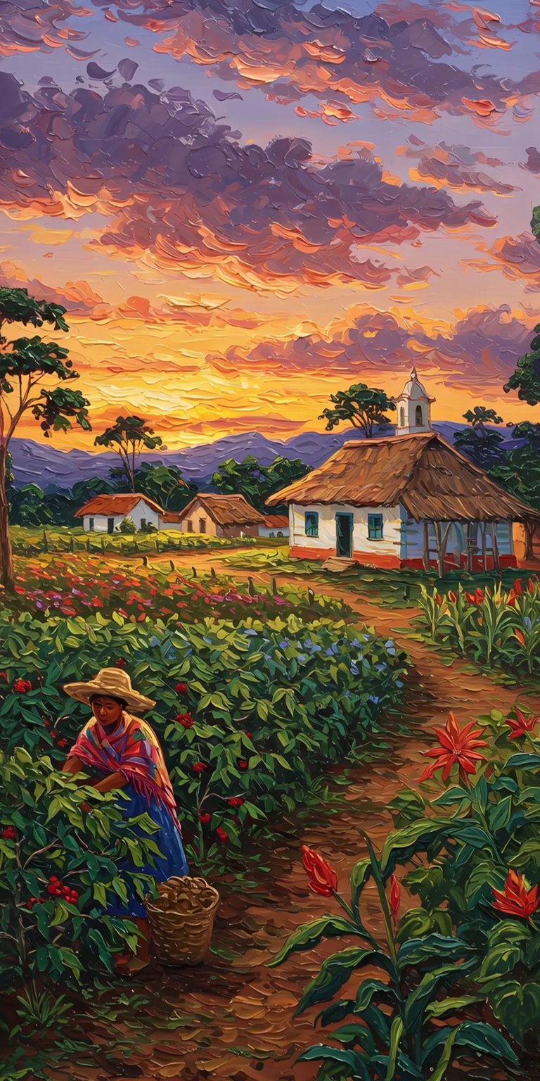 Houses with fields painting art iOS wallpaper 4K