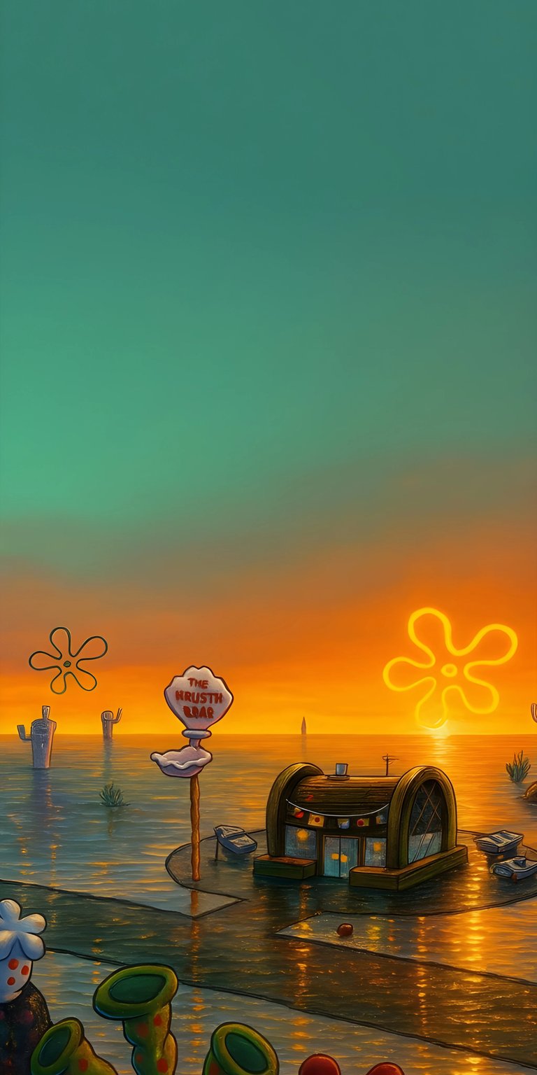 This stunning Spongebob 4K wallpaper features a flooded Krusty Krab. The sunset sky and illuminated starfish bring this fantastic wallpaper to life on your iPhone.