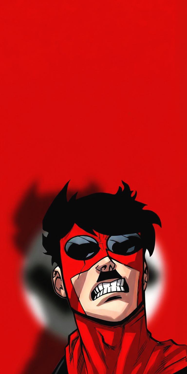 Invincible is captured in a striking close-up against a solid red backdrop in this 4K wallpaper. This aesthetic wallpaper brings a powerful comic book energy to your iPhone lock screen.