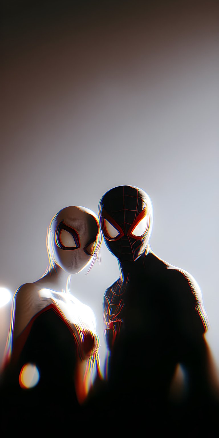 This high-contrast 4K wallpaper features a stylized cinematic shot of Miles and Gwen in their Spider-Suits. Perfect for an iPhone lock screen, this aesthetic wallpaper uses chromatic aberration and deep shadows to create a bold, modern look.