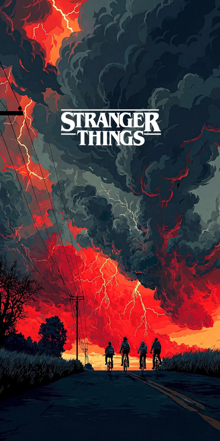 Download this Stranger Things 4K wallpaper for your iPhone, featuring kids on bikes under a sky filled with dark clouds and red lightning. This stunning wallpaper captures the show's eerie atmosphere with its unique visual details.