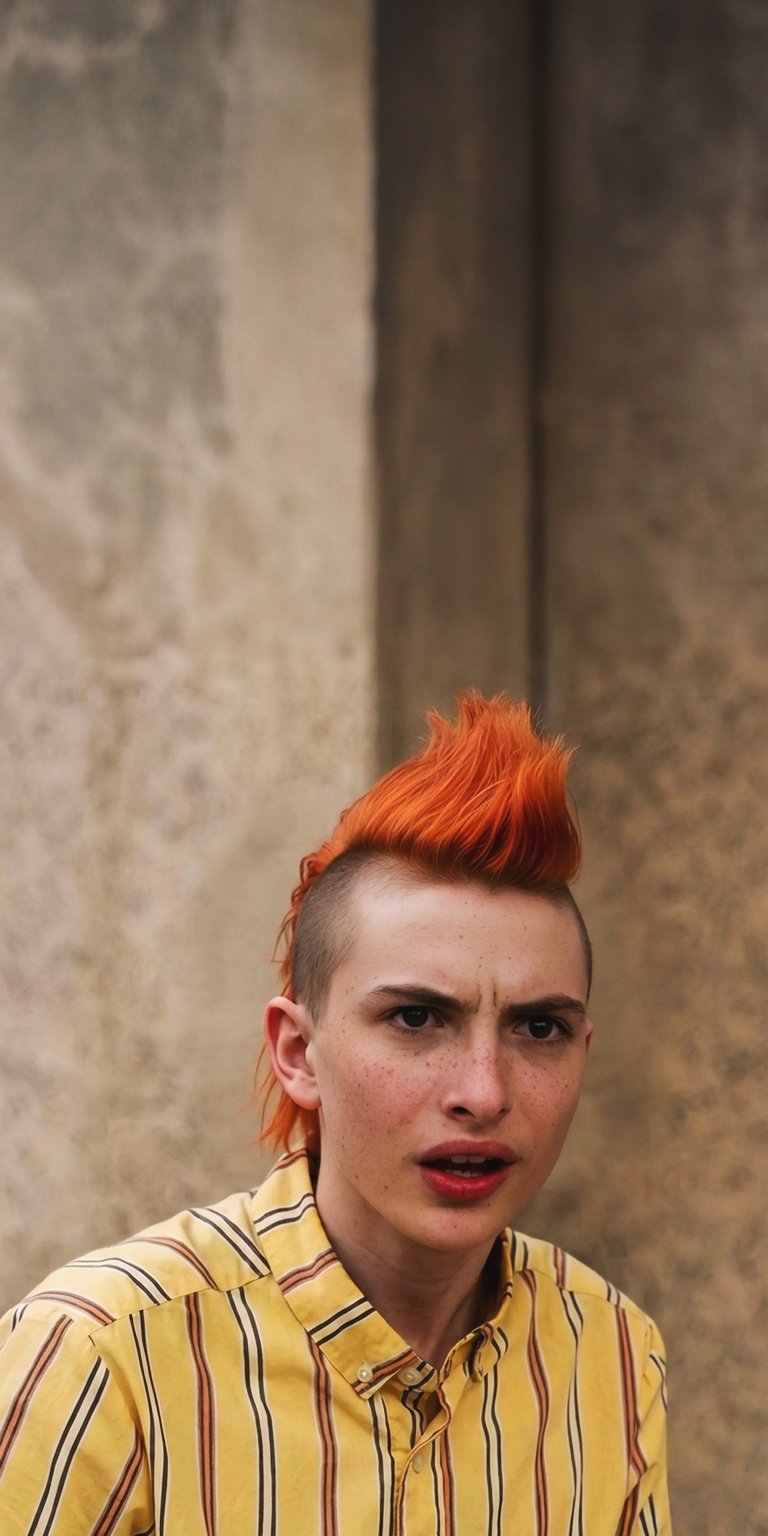 Download this Finn Wolfhard 4K wallpaper for your iPhone, showcasing his bright orange mohawk and yellow striped shirt. This vibrant wallpaper captures Finn's intense expression against a textured backdrop.