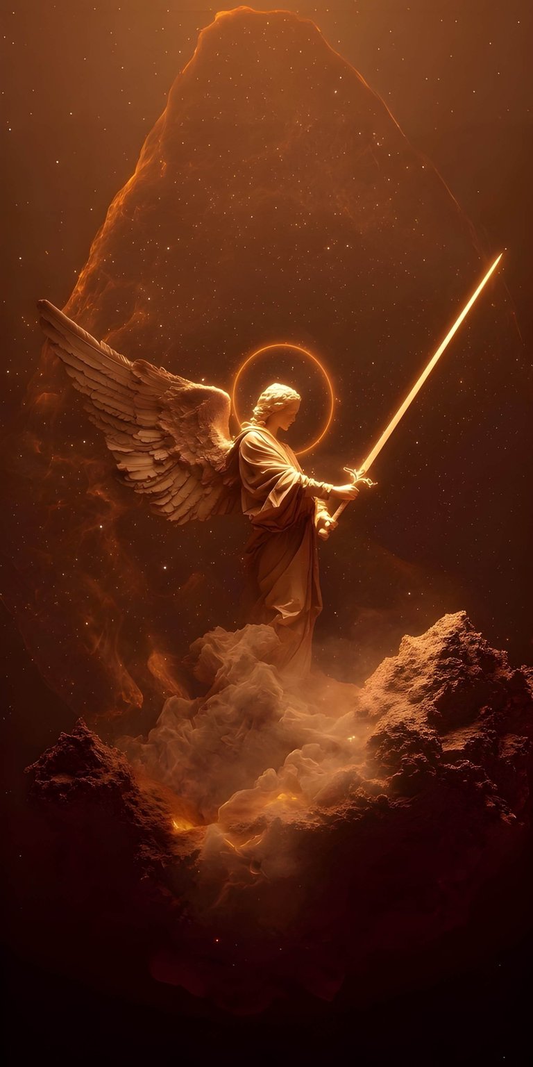 Angel Warrior 4K wallpaper featuring a powerful winged figure holding a glowing sword in a fiery red sky. This wallpaper gives your iPhone a bold and intense appearance, perfect for Aesthetic wallpapers enthusiasts.