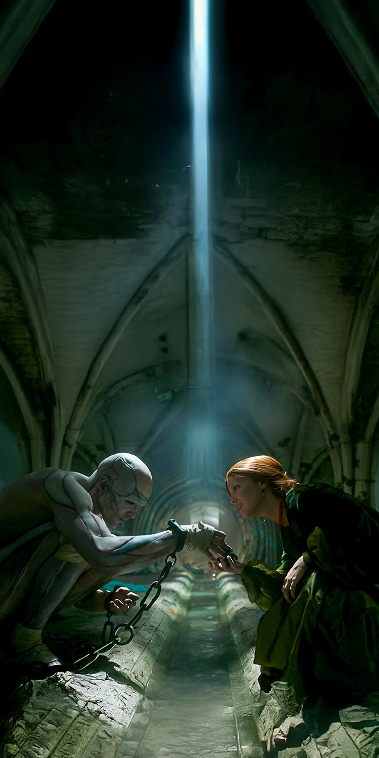 A tender and viral scene from Guillermo del Toro's Frankenstein (2025), where Elizabeth Lavenza (Mia Goth) shows empathy to the creature (Jacob Elordi) in his dungeon prison. This moment is a fan favorite for its emotional depth and gothic aesthetic, highlighting the film's focus on love and humanity. Perfect for fans of the movie, a dark aesthetic, and users who love atmospheric character designs. Works beautifully on iPhone, Android, and AMOLED displays.