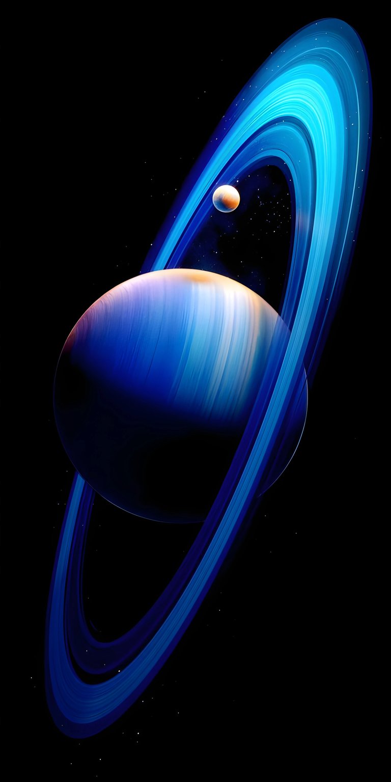 Download this stunning Saturn 4K wallpaper for your iPhone, featuring the planet with vibrant blue and white bands, encircled by bright rings. This wallpaper also showcases a distant moon and faint stars in the black backdrop.