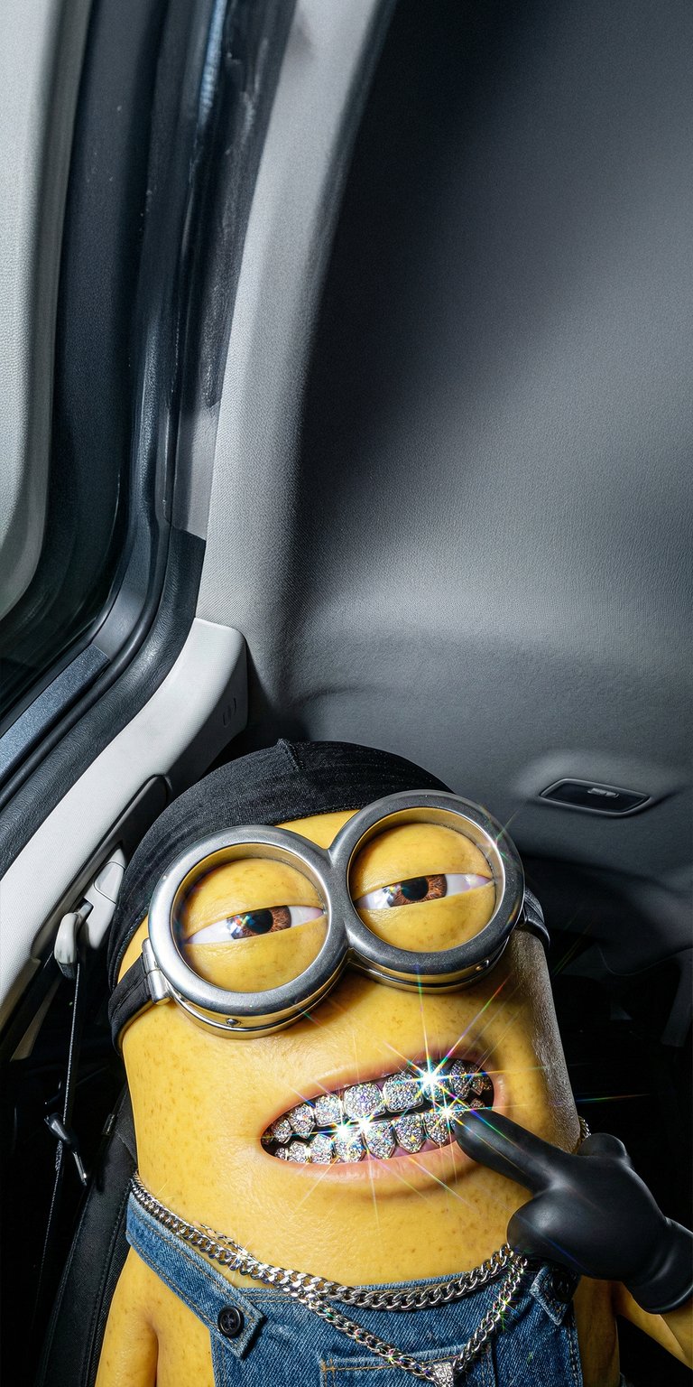 This 4K aesthetic wallpaper features a realistic Minion wearing a black durag and iced-out diamond grillz. Perfect for your iPhone, this wallpaper showcases high-definition yellow textures and sparkling lens flares in a cool car selfie style.