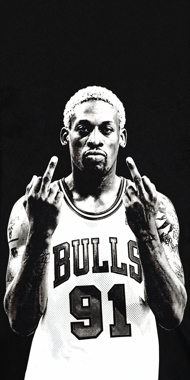 Upgrade your iPhone with this high-contrast Dennis Rodman 4K wallpaper featuring the iconic number 91 jersey. This OLED / AMOLED wallpaper utilizes a deep black background and a gritty, halftone dot texture to create a bold, rebellious look for your lock screen.