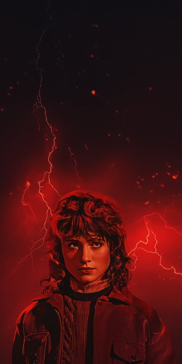 Download this Nancy Wheeler 4K wallpaper for your iPhone, showcasing her in a corduroy jacket against a backdrop of crackling red lightning. This high-quality wallpaper captures the intensity of Stranger Things.