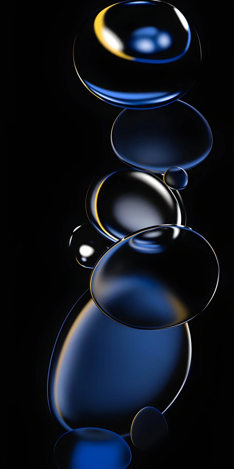 Elevate your iPhone screen with this striking abstract wallpaper in 4K, featuring a stack of glossy spheres. The composition showcases a play of light and shadow with blue hues, metallic reflections, and subtle gold outlines, creating a mesmerizing visual experience.