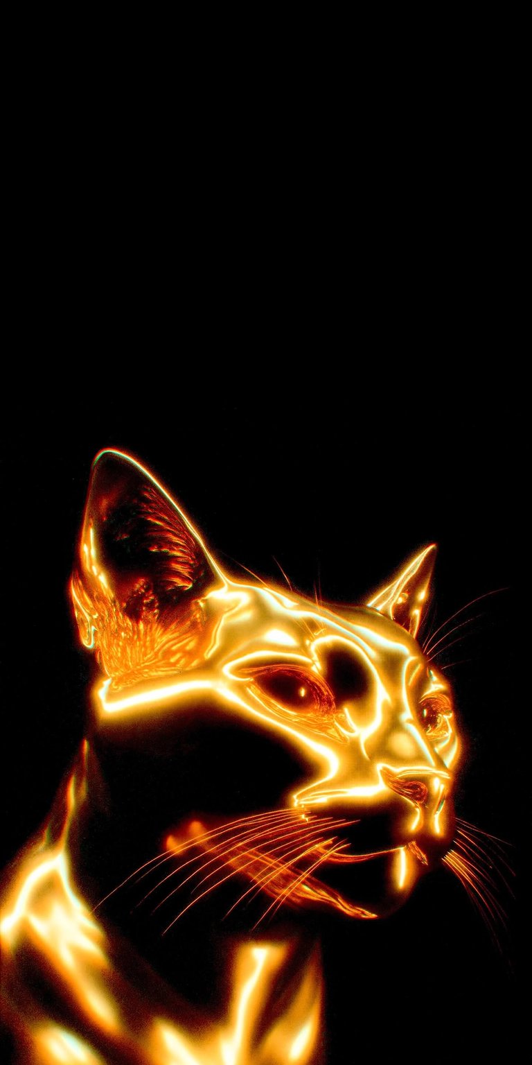Download this stunning golden cat wallpaper for your iPhone in 4K resolution. The wallpaper features a sleek, neon-lined cat with glowing red eyes and detailed whiskers against a stark black background.