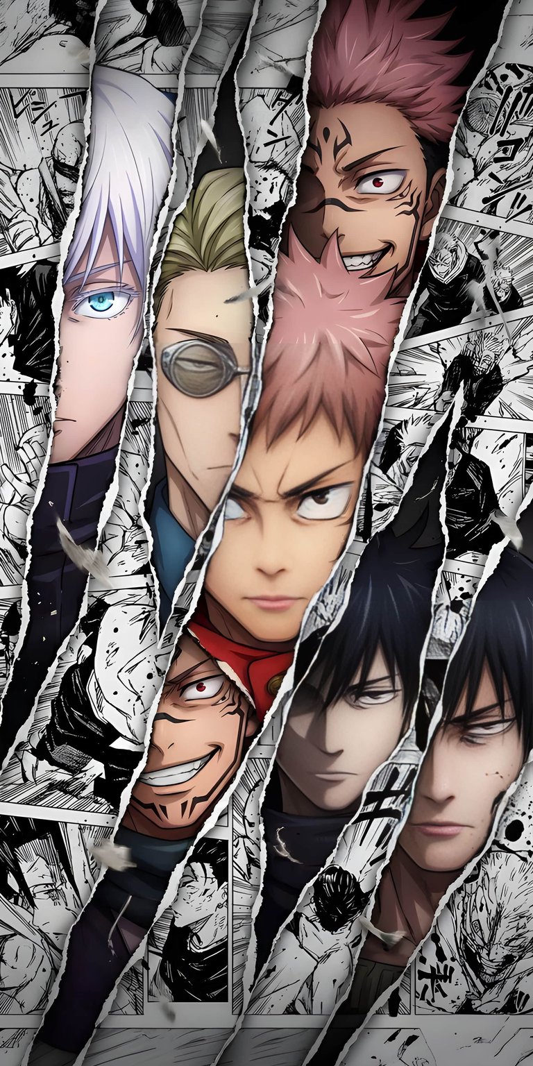 This striking Jujutsu Kaisen 4K wallpaper is perfect for your iPhone. Featuring multiple characters against a backdrop of torn manga panels, it showcases Gojo's piercing blue eye and Sukuna's sinister grin.