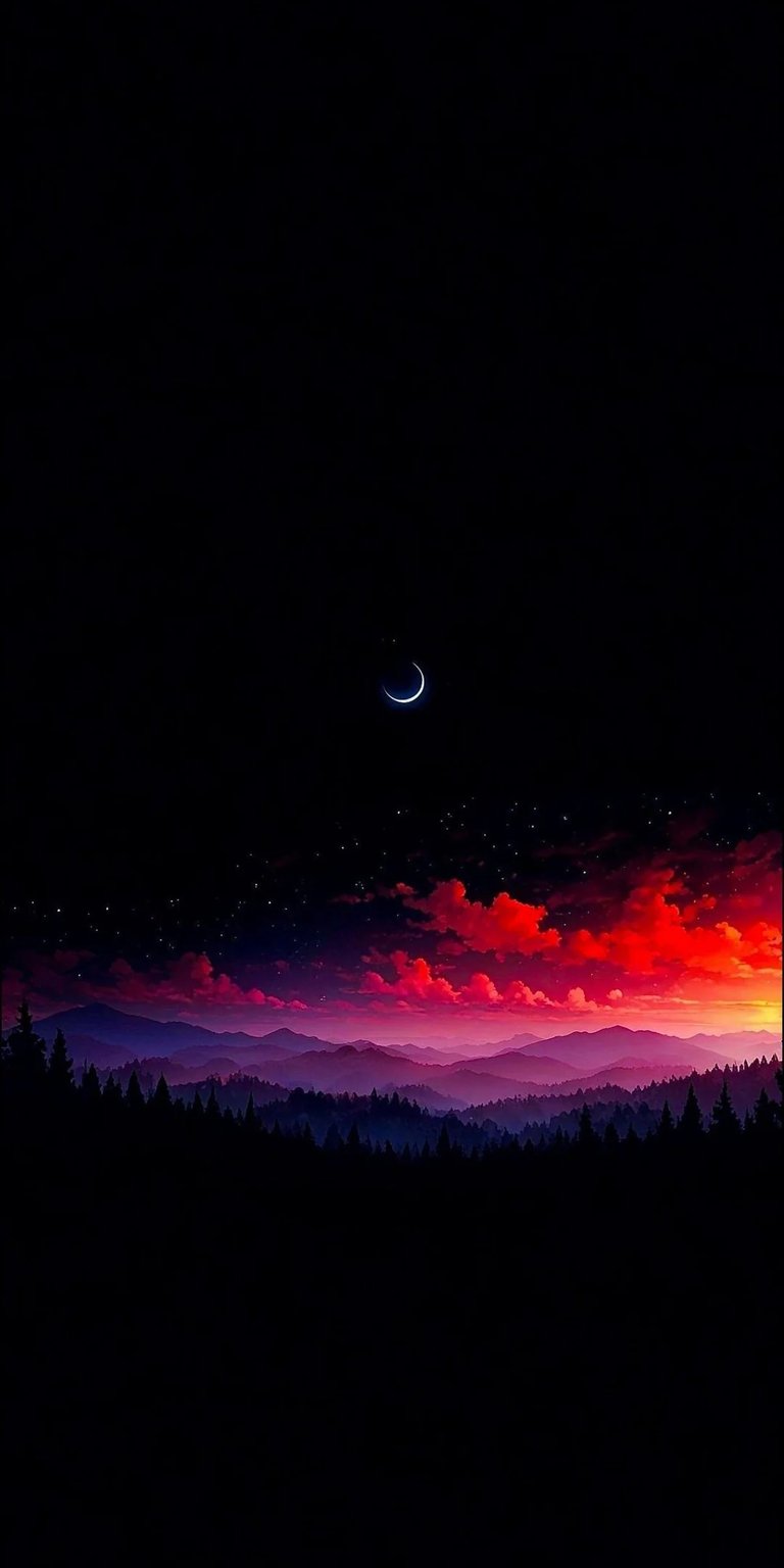 Moon Night 4K wallpaper featuring a glowing crescent moon, deep red horizon, and layered mountain silhouettes. This AMOLED wallpaper enhances iPhone lock screen and home screen with rich blacks and dramatic twilight tones, making the wallpaper visually striking and immersive.