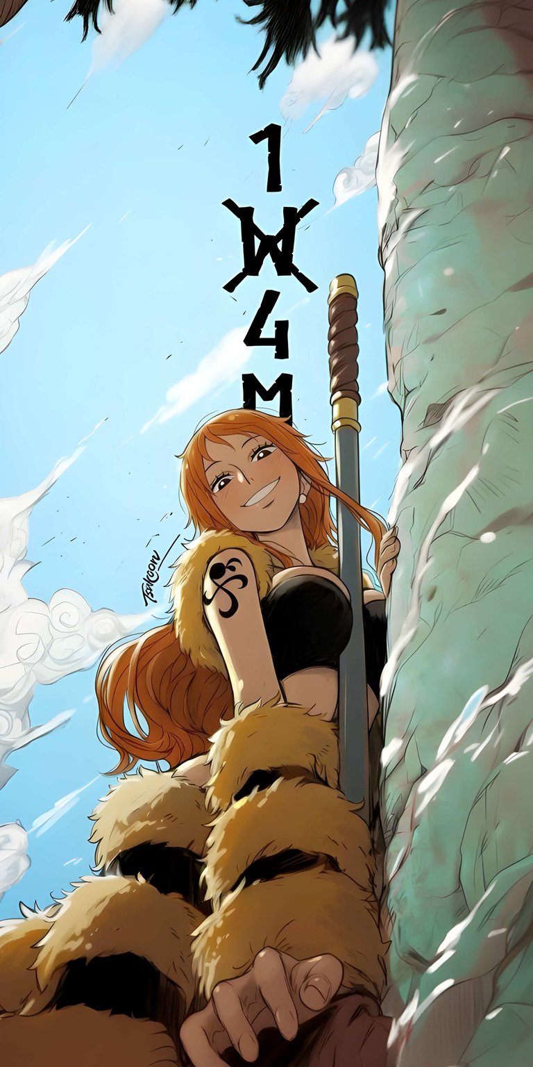 Download this Nami 4K wallpaper for your iPhone today, showcasing her iconic tattoo. The detailed art style captures the soft lighting and the unique furry textures of her outfit for a visually striking wallpaper.