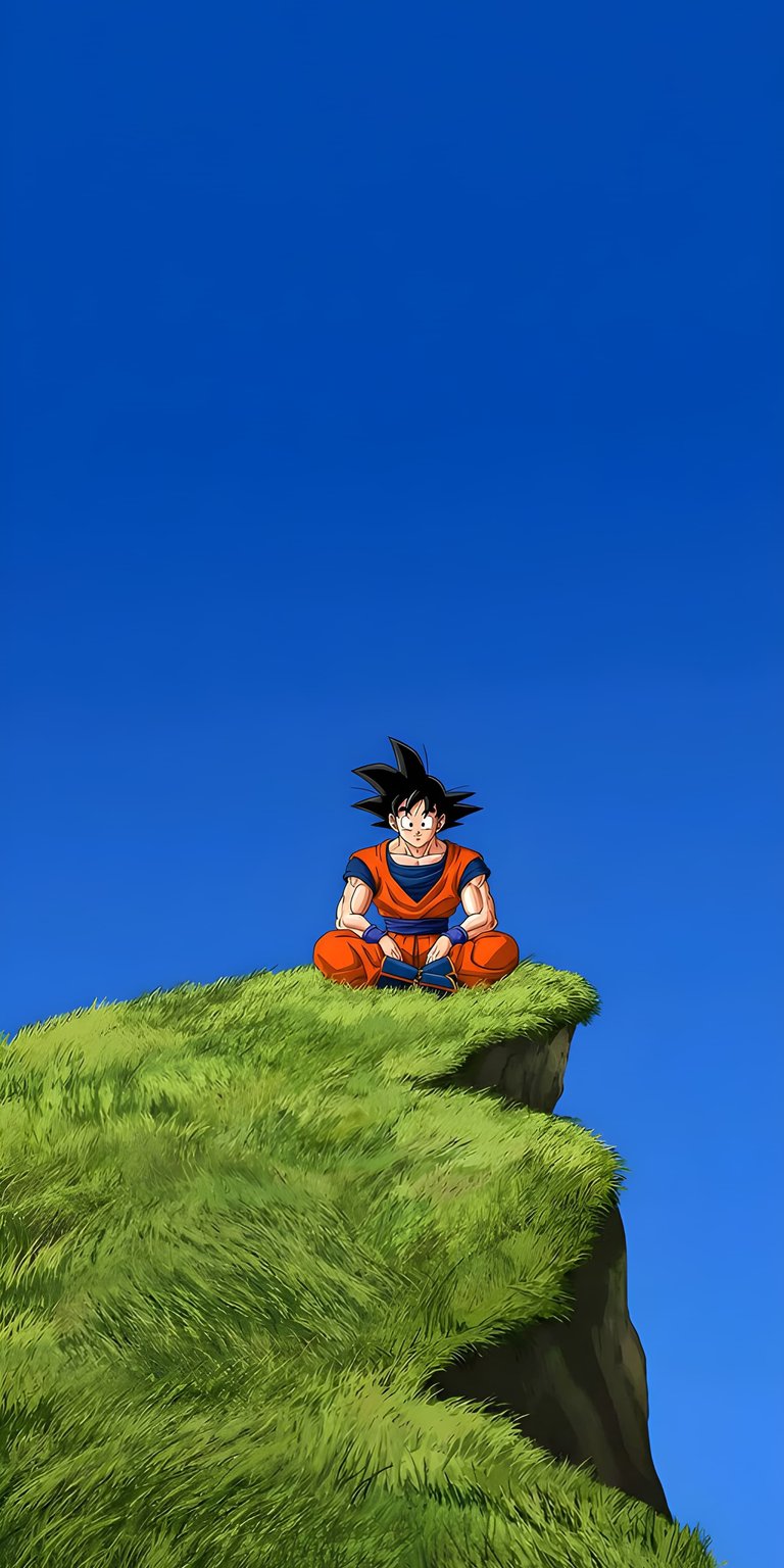 Enjoy this 4K wallpaper featuring Goku resting on a lush green cliffside under a vast blue sky. This minimalistic iPhone wallpaper is perfect for fans who want a clean, bright anime look.